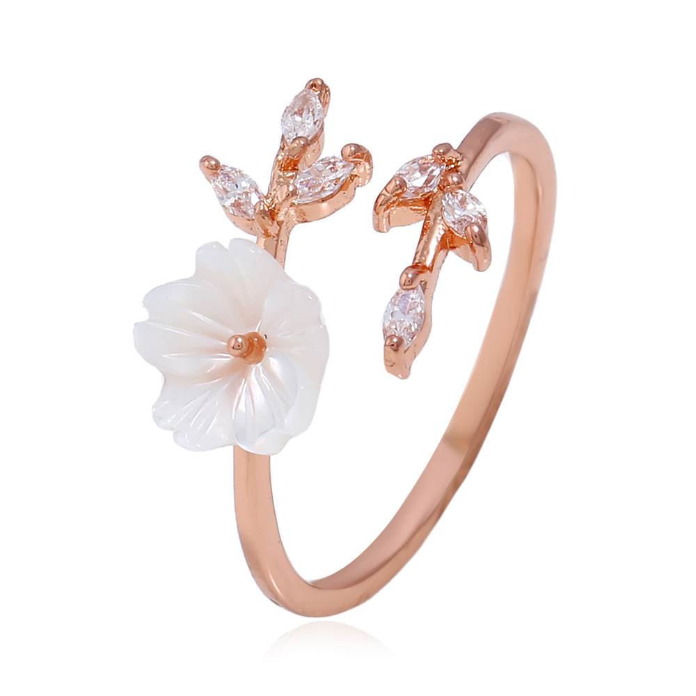 Rose gold plated beautiful temperament zircon branches leaves shell flower ring