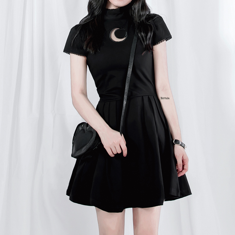 Dark punk personality cool little black dress moon mesh openwork Lolita soft sister dress