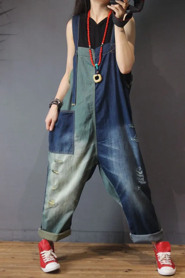 Autumn new casual denim suspender bib female loose large size wild low cut contrast trousers Blue - Shop at LoveMi