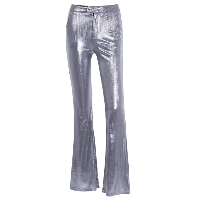 Trousers silver gilded zipper OL commuter loose high waist casual wide leg pants Silvery - Shop at LoveMi