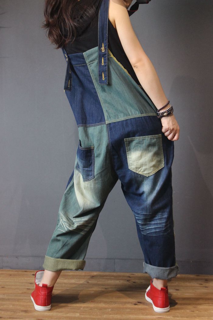 Autumn new casual denim suspender bib female loose large size wild low-cut contrast trousers