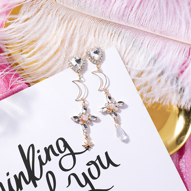 925 silver needle temperament cross moon long earrings personality asymmetric tassel small earrings female Baroque