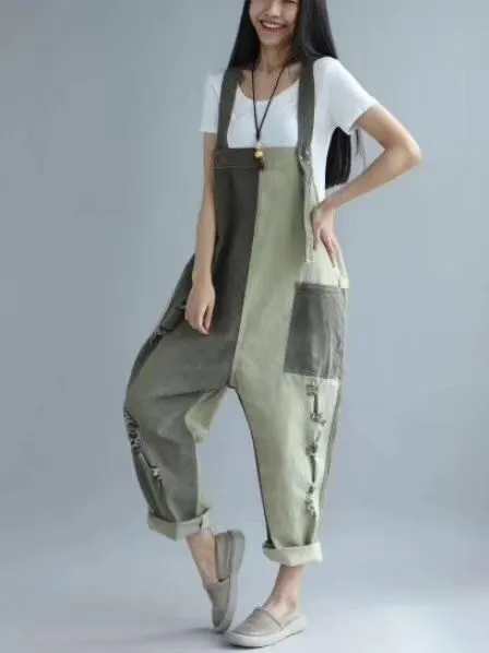 Autumn new casual denim suspender bib female loose large size wild low cut contrast trousers Green - Shop at LoveMi