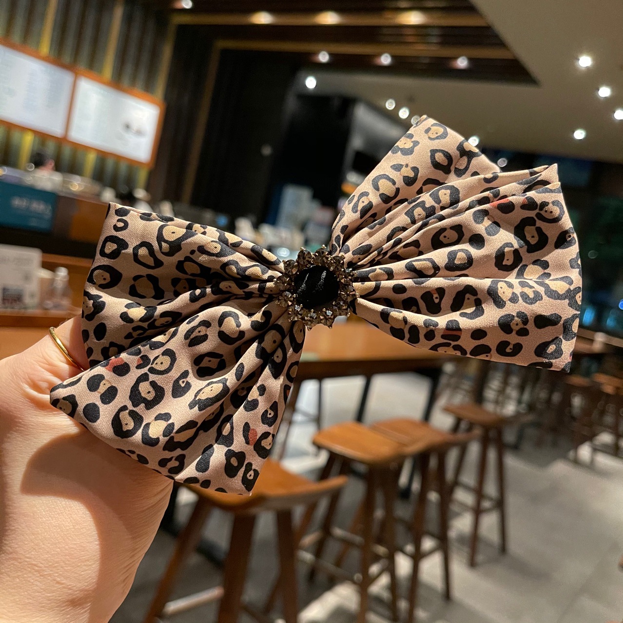 Leopard Print Bowknot Rhinestone Hair Tie Back Head