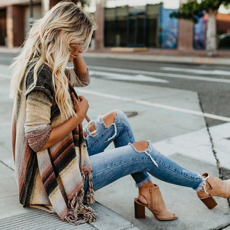Fringed sweater knit shirt shoulder coat