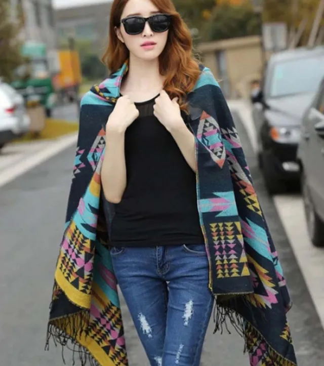 Europe and the United States autumn and winter new retro national wind hooded cape shawl bohemian tourism horn buckle shawl Navy Blue - Shop at LoveMi