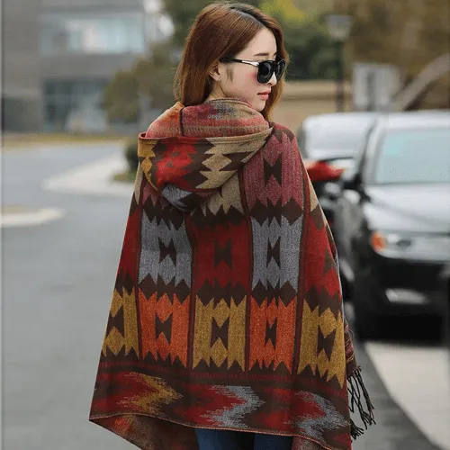 Europe and the United States autumn and winter new retro national wind hooded cape shawl bohemian tourism horn buckle shawl - B Coffee