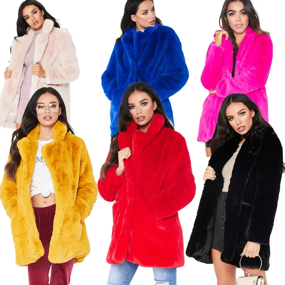 Faux Fur Coat Women Long Sleeve Warm Thick Wave