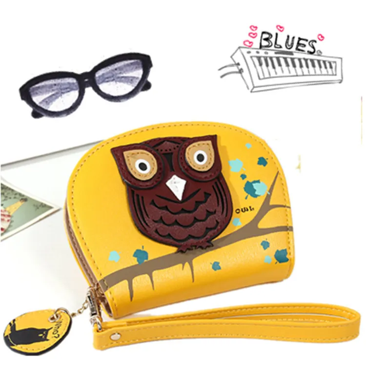 Ladies Wallet Korean Cartoon Owl Short Wallet Student Zipper Coin Purse - Yellow