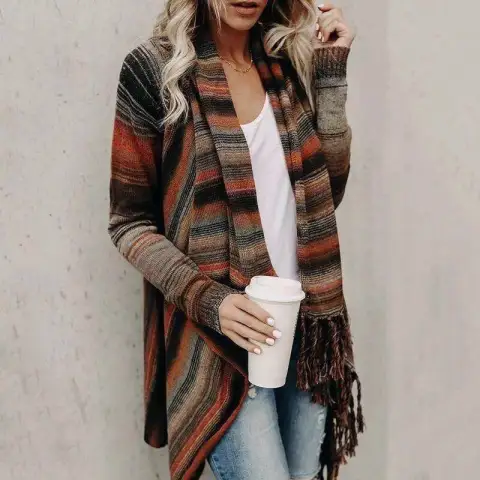 Autumn and Winter Medium Length Slim Fringe Striped Sweater