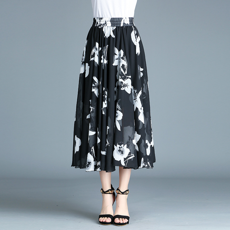 Retro skirt printed chiffon dress high waist pleated skirt