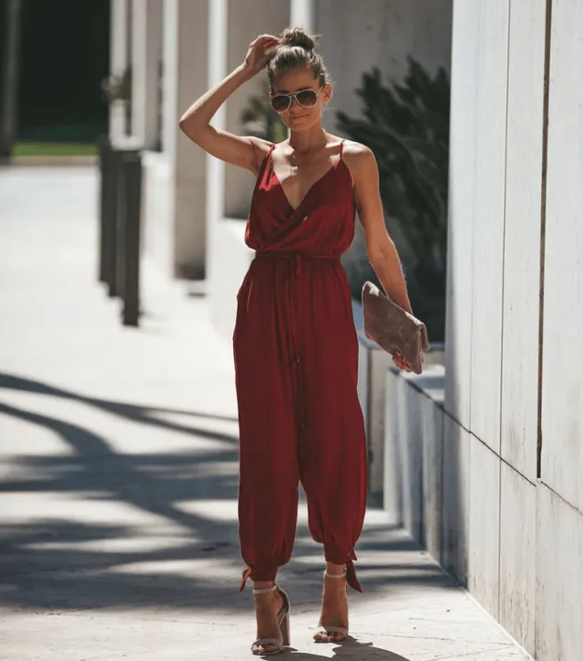 Printed sexy backless tether pocket sling V neck female jumpsuit Gules Xl - Shop at LoveMi