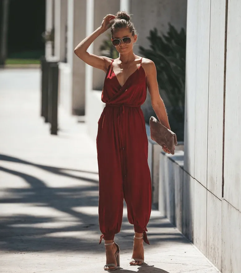 Printed sexy backless tether pocket sling V-neck female jumpsuit - Gules-Xl