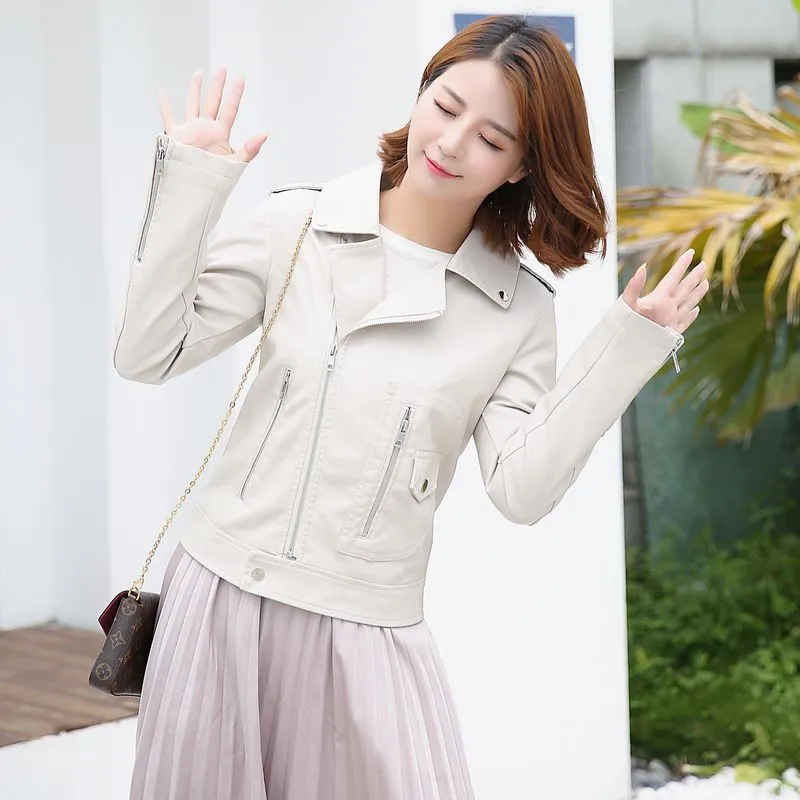 spring and autumn new ladies leather short Korean version of the self-cultivation motorcycle pu leather jacket wild thin jacket - White