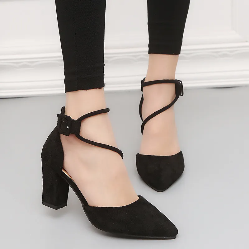 New European crude with suede shallow mouth foot ring Strap Ladies High Heels Sandals Shoes - Black