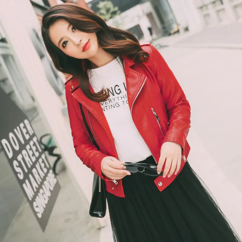 spring and autumn new ladies leather short Korean version of the self-cultivation motorcycle pu leather jacket wild thin jacket - Red