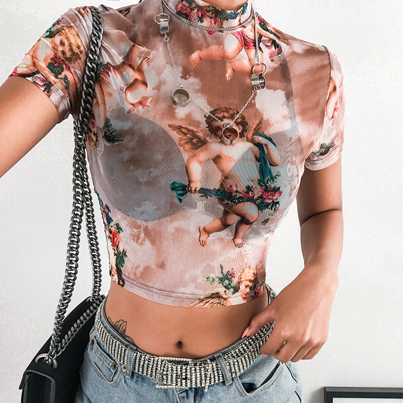 Open-necked angel print mesh short sleeve
