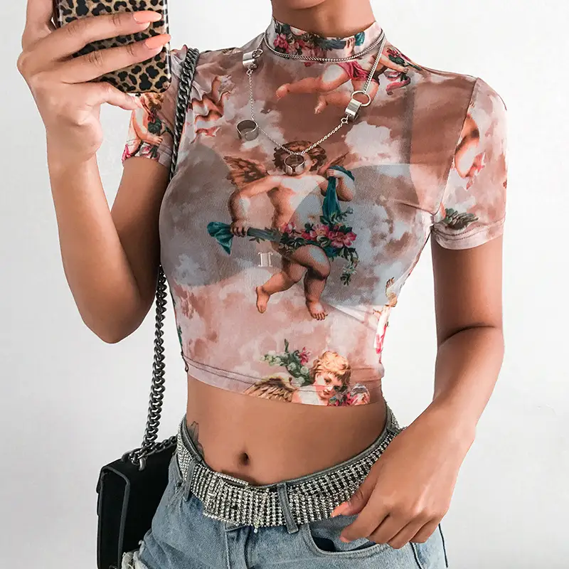 Open-necked angel print mesh short sleeve