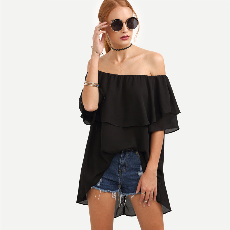 Blue ruffled shoulder loose chiffon shirt