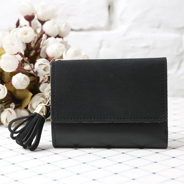 Ladies tassel color matching simple multi function buckle small wallet Black - Shop at LoveMi