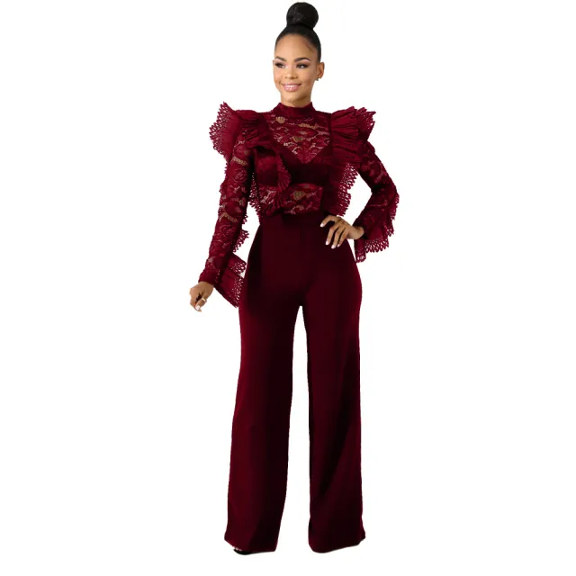Ruffled lace perspective jumpsuit Claret - Shop at LoveMi