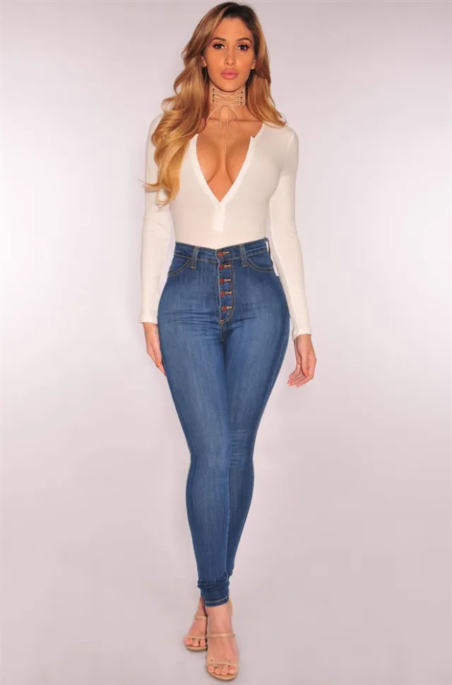 High waist stretch slim denim pants Blue - Shop at LoveMi