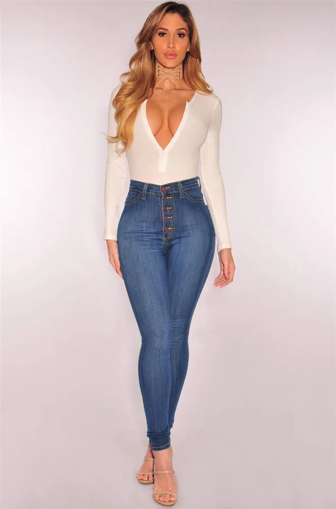 High-waist stretch slim denim pants - Blue