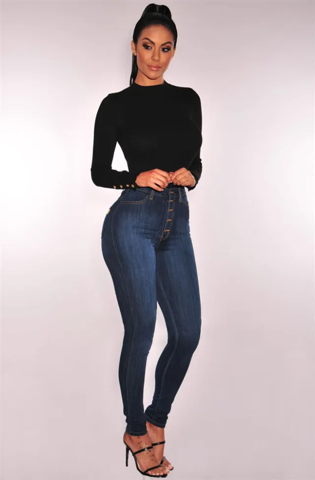 High waist stretch slim denim pants Blue Black - Shop at LoveMi