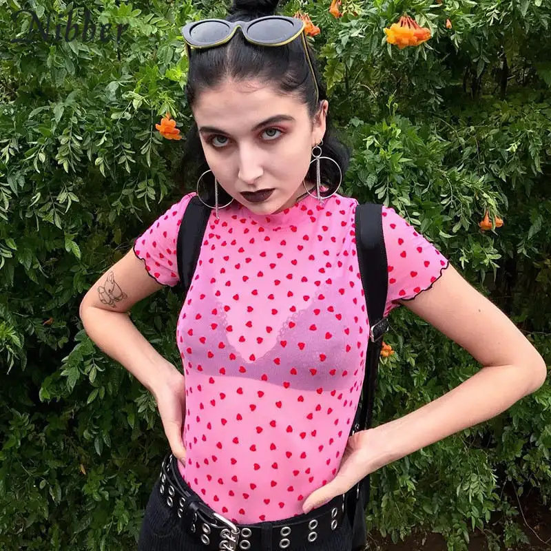 Nibber new Women Heart-shaped Print Pink see-through Tops Tee summer fashion wild Elastic Slim Soft O-Neck short sleeve T-shirt