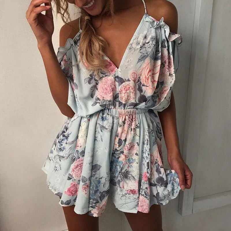 V-neck printed sling jumpsuit shorts - Green Flower