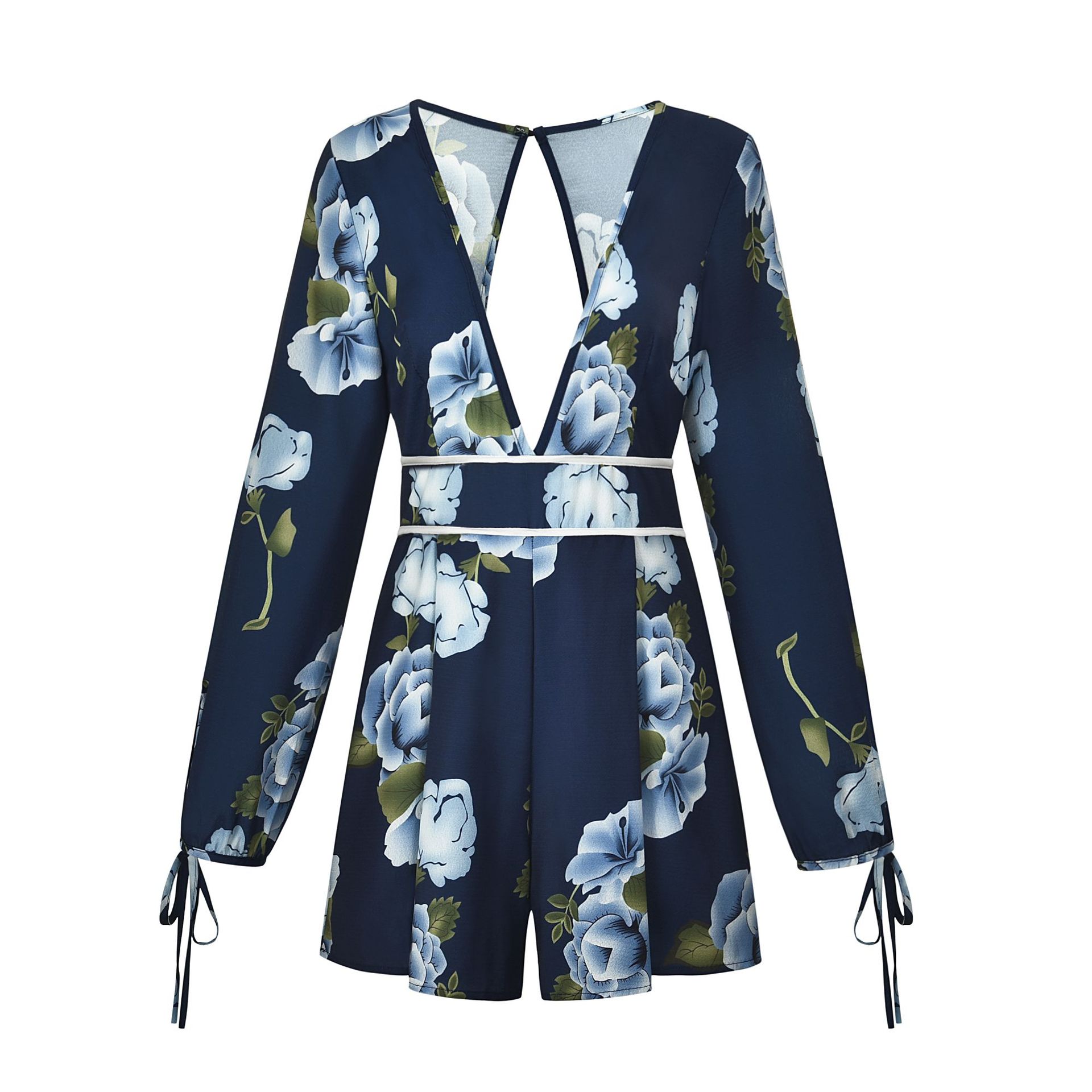 Sexy V-neck halter print long-sleeved one-piece short skirt