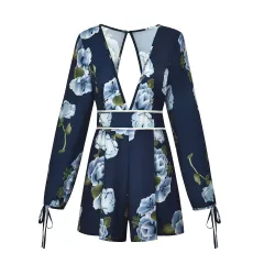 Sexy V-neck halter print long-sleeved one-piece short skirt - 8057 Printing - View 1