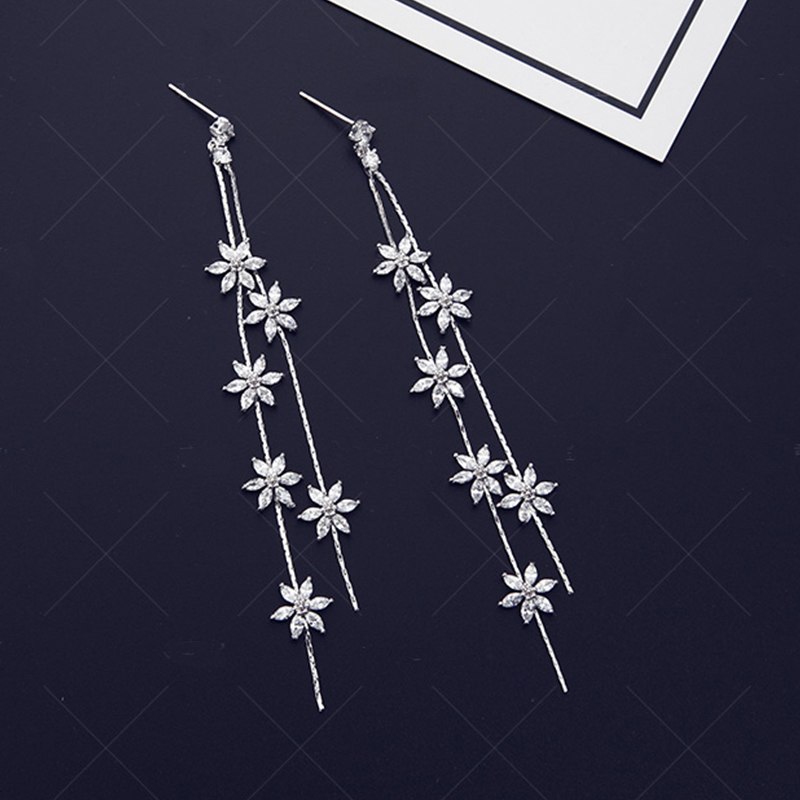 Creative zircon micro-set long tassel flower earrings female 925 silver needle earrings long small jewelry wholesale