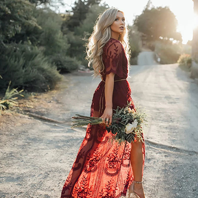 Deep V neck Short Sleeve Lace Perspective Tight Sleeve Dress Maxi Dress Claret - Shop at LoveMi