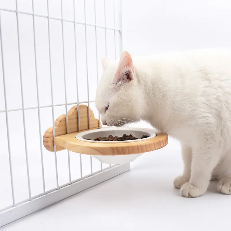 Pet Supplies Ceramic Bowl Solid Wood Stand