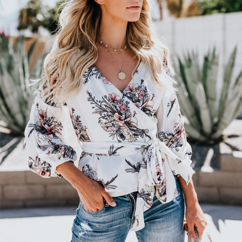 Summer New Amazon Explosion Digital Printed Belt Lantern Sleeve Blouse Shirt