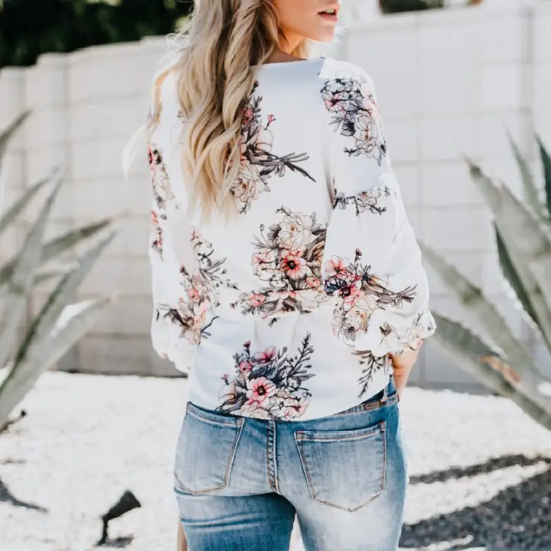 Summer New Amazon Explosion Digital Printed Belt Lantern Sleeve Blouse Shirt