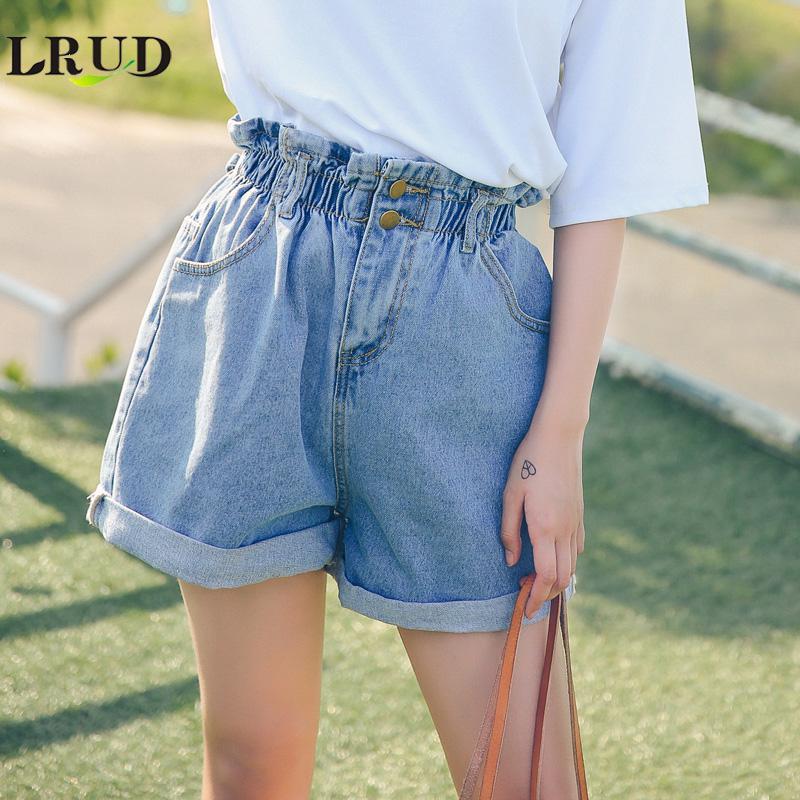 Calyx elastic waist denim shorts female summer high waist was thin student wide leg hot pants Wathet - Shop at LoveMi