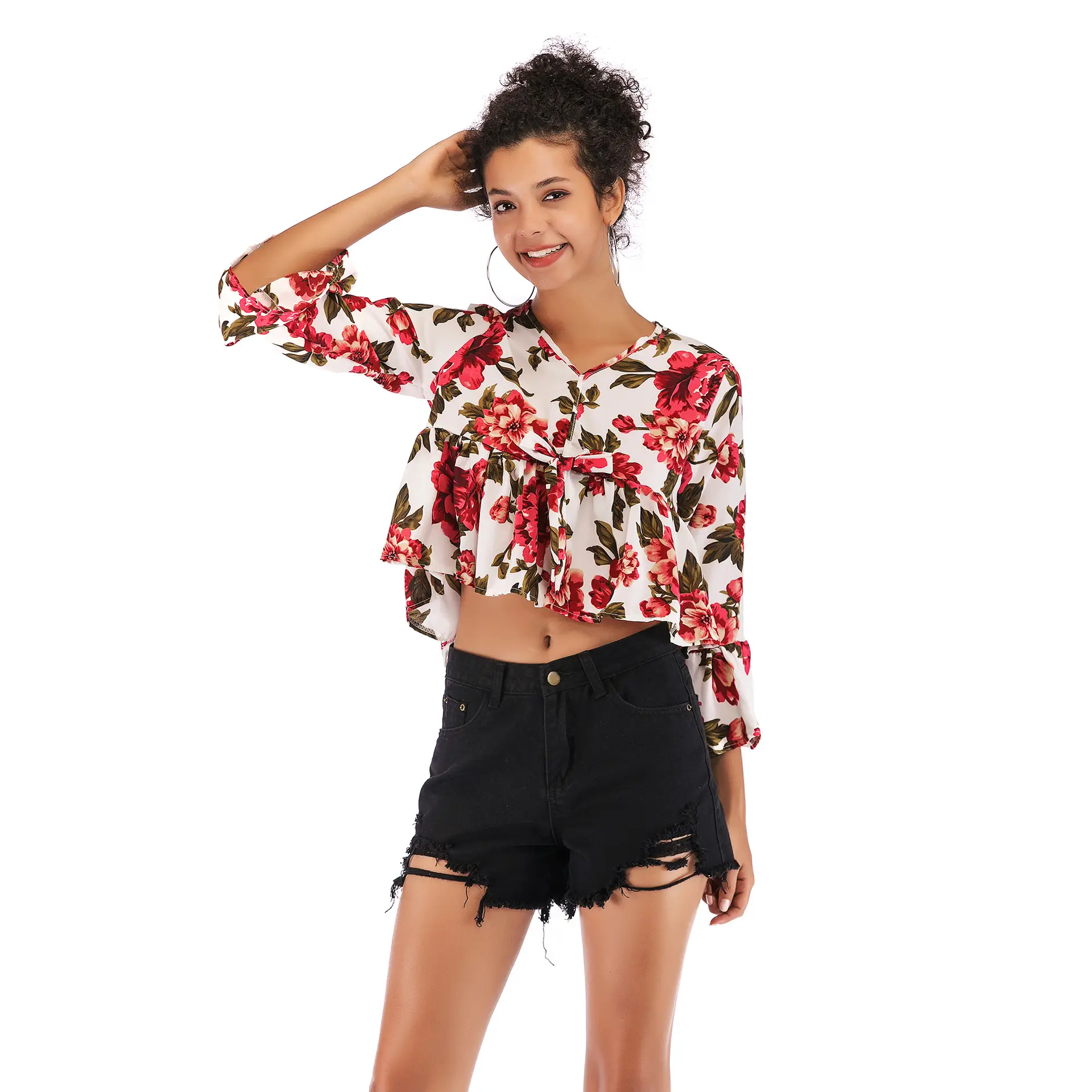 Amazon hot Europe and America women's new V-neck trumpet sleeve printed chiffon shirt female navel short coat