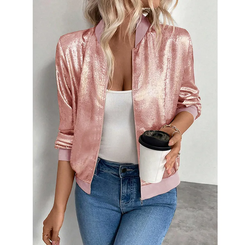Women's Leopard Print Zip Up Lightweight Bomber Jacket Casual Long Sleeve Outerwear - Pink
