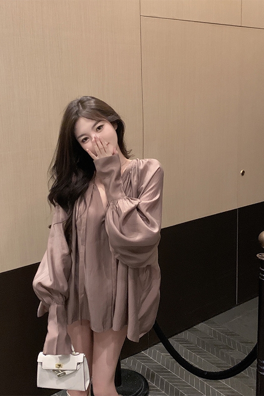 V-neck Slightly Transparent Autumn Loose Bubble Sleeve Shirt