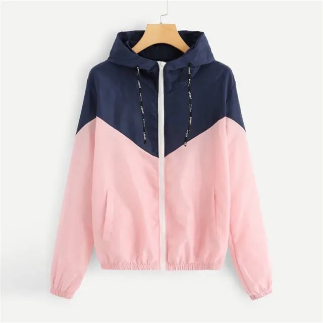 Europe and the United States spring new women's solid color two color stitching long sleeved hooded sunscreen jacket Blue With Pink - Shop at LoveMi