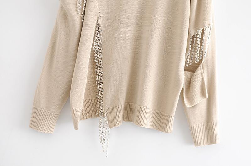 Rhinestone fringed openwork hem split loose long-sleeved sweater sweater