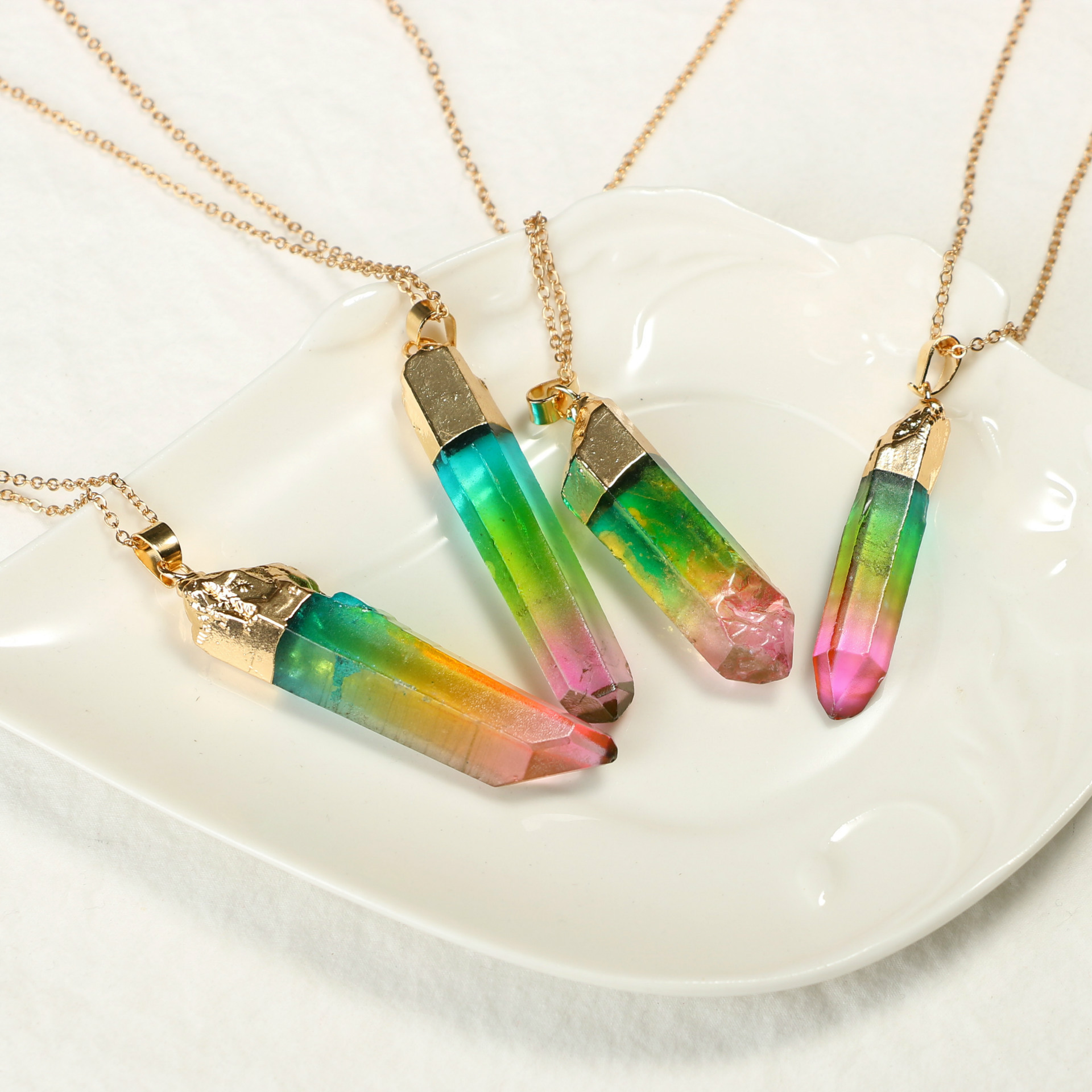 Original stone cylindrical mixed color crystal gold rim single ring pendant necklace
