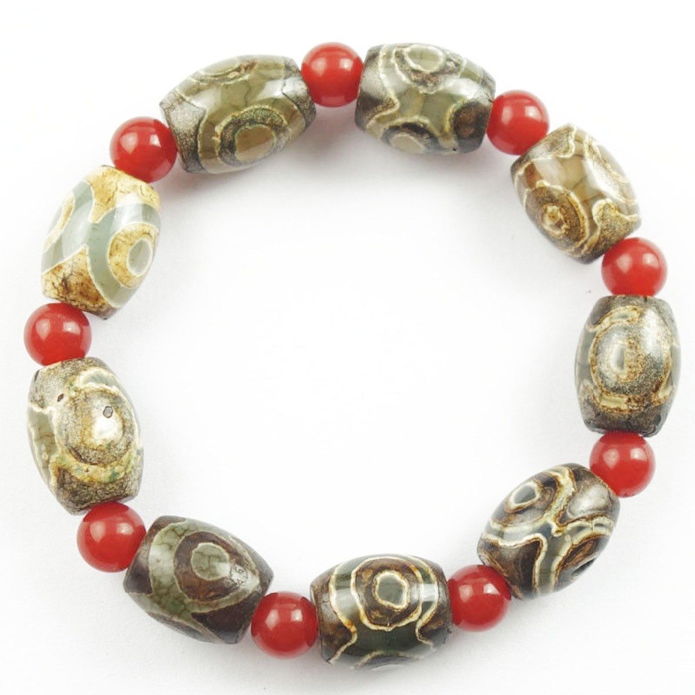 Three-eyed Dzi Bead Red Agate Beads Bracelet Nepalese National Wind Bracelet