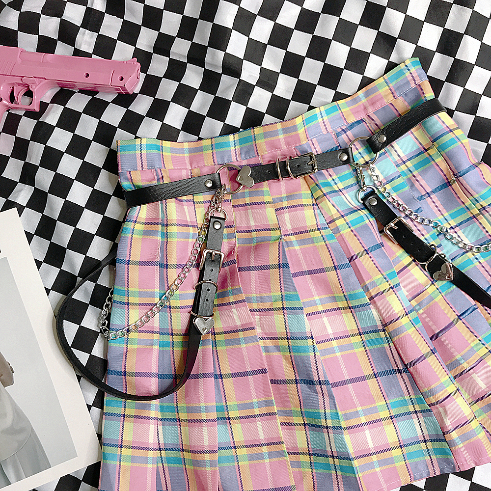 Gradient pink plaid loose a word college wind bottom pleated skirt