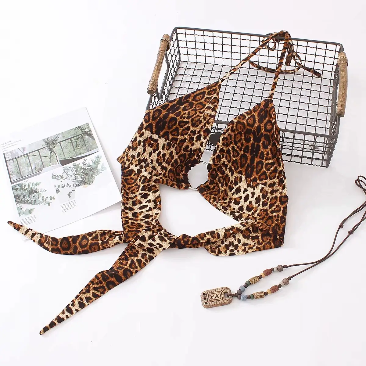 Spring and summer new short bodice European and American leopard sexy hanging neck strap ring navel bikini