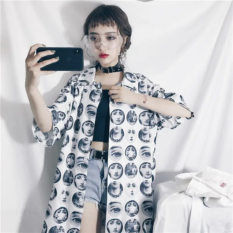Summer new original personality polka dot character print short sleeve loose slim shirt lining