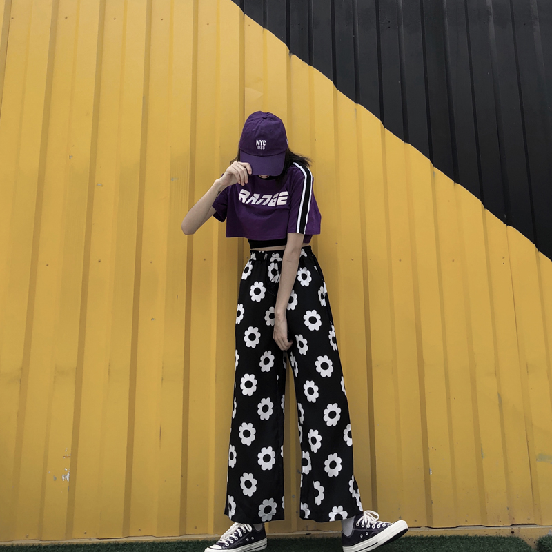 Summer Korea Harajuku style loose high waist straight comfortable and comfortable flower wide leg pants