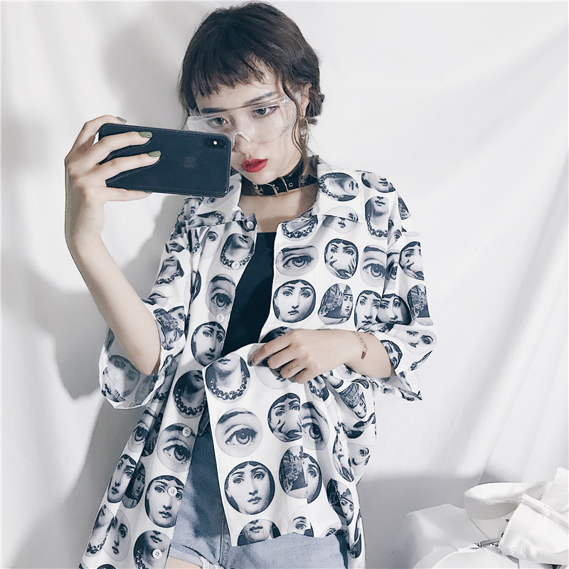 Summer new original personality polka dot character print short sleeve loose slim shirt lining